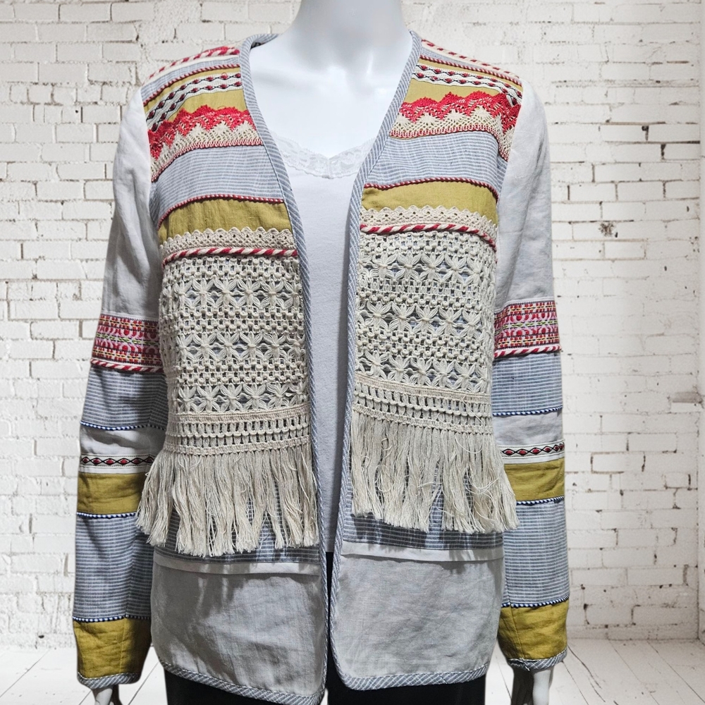 Vintage V Christina Hippie Boho Blazer Jacket Fringe Front Crochet Embroidered